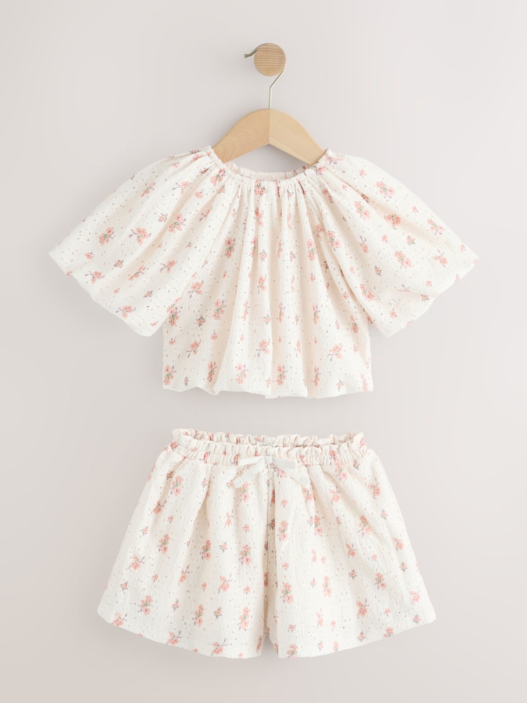 Ecru Ditsy Floral Broderie Bubble Shorts Set (3-16yrs) - Image 1 of 6