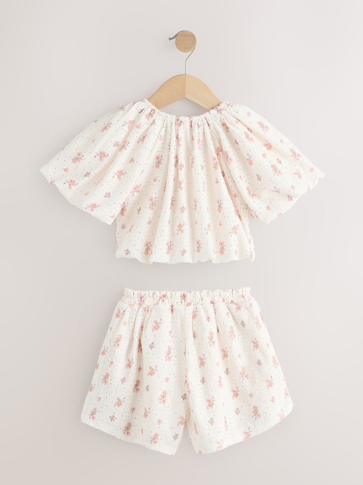 Ecru Ditsy Floral Broderie Bubble Shorts Set (3-16yrs) - Image 2 of 6