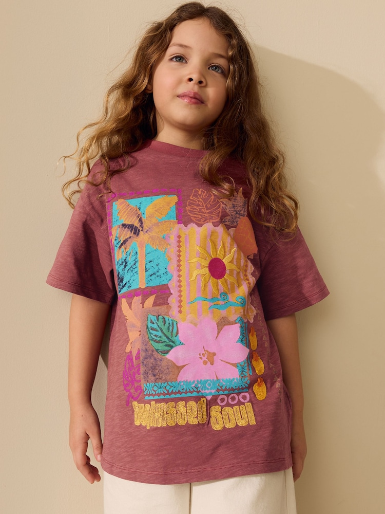 Rust Brown Sun Embroidered Oversized T-Shirt (3-16yrs) - Image 1 of 8 Rust Brown Sun Embroidered Oversized T-Shirt (3-16yrs) - Image 1 of 8