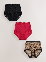 Black/Animal/Red - Microfibre And Lace Knickers 3 Pack - Imaginea 1 din 6