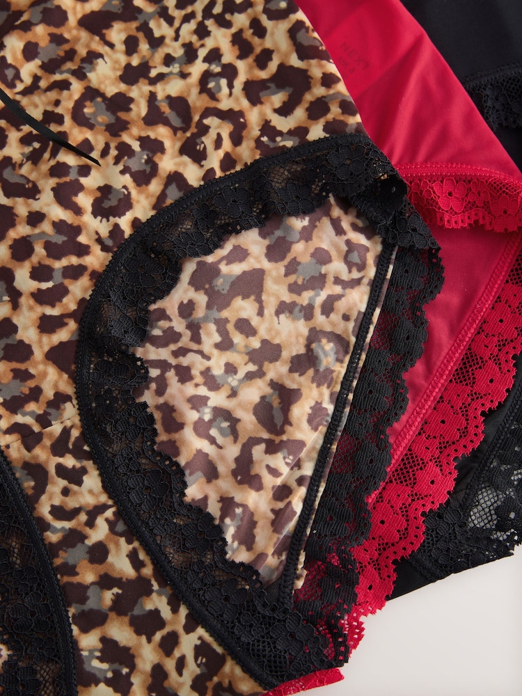 Black/Animal/Red - Microfibre And Lace Knickers 3 Pack - Imaginea 6 din 6