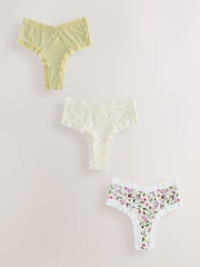 Cream/Green/Tulip High Waisted Thong Microfibre And Lace Knickers 3 Pack - Image 1 of 6