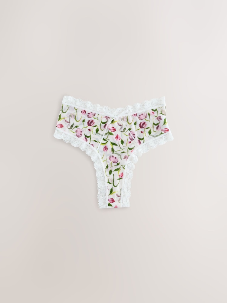 Cream/Green/Tulip High Waisted Thong Microfibre And Lace Knickers 3 Pack - Image 2 of 6