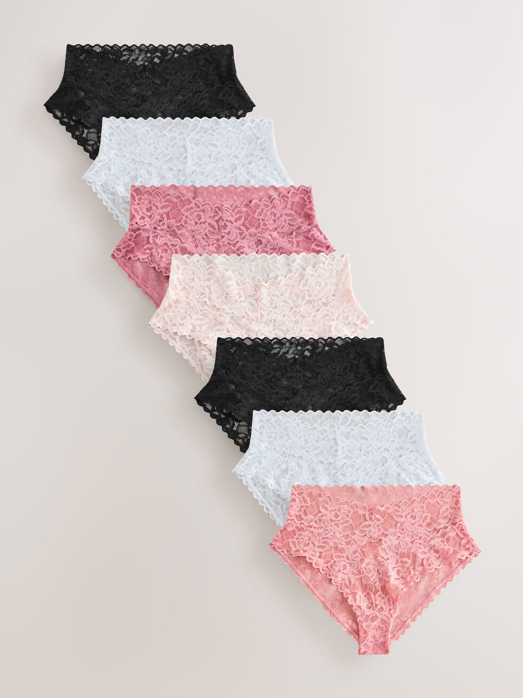 Buy Black/White/Pink High Leg All Over Lace Knickers 7 Pack from