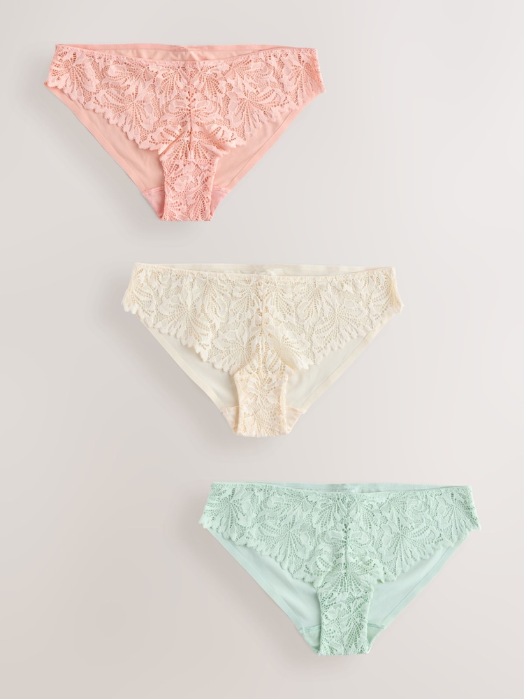Coral Pink/Green/ Cream Brazilian Lace Front No VPL Knickers 3 Pack - Image 1 of 9
