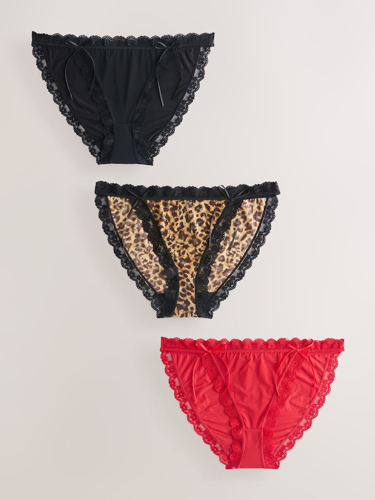 Black/Animal/Red - Microfibre And Lace Knickers 3 Pack - Imaginea 1 din 6 Black/Animal/Red - Microfibre And Lace Knickers 3 Pack - Imaginea 1 din 6
