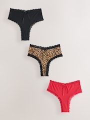 Black/Animal/Red High Waisted Thong Microfibre And Lace Knickers 3 Pack - Image 1 of 6