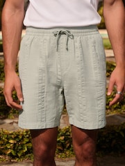 Sage Green Seersucker Texture Drawstring Waist Shorts - Image 1 of 11