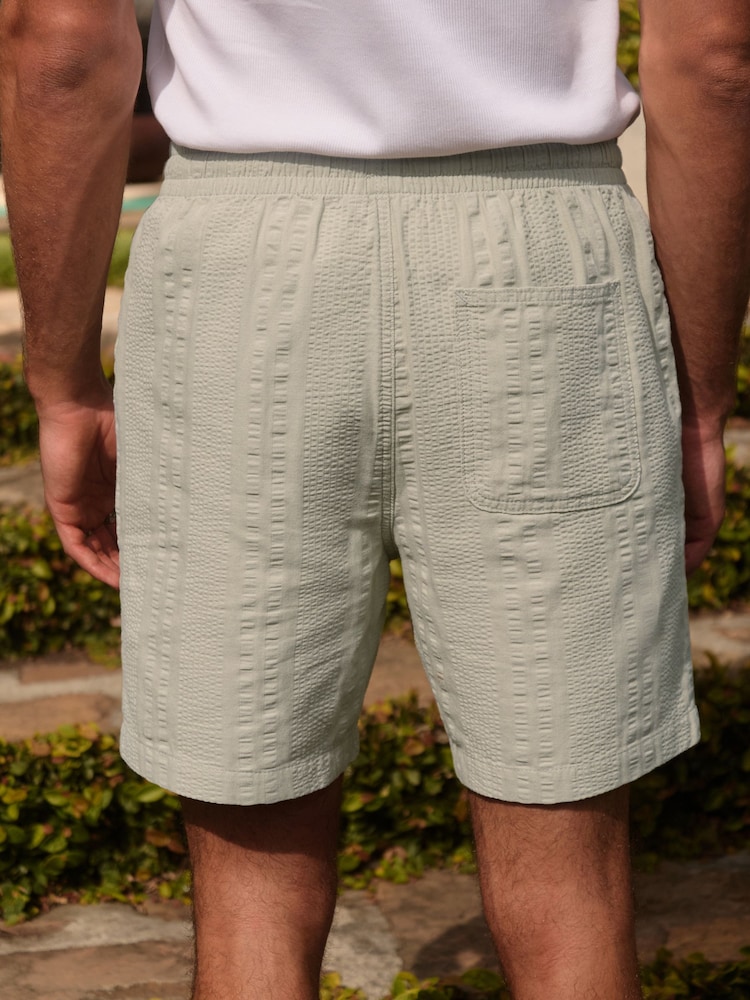 Sage Green Seersucker Texture Drawstring Waist Shorts - Image 2 of 11