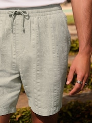 Sage Green Seersucker Texture Drawstring Waist Shorts - Image 4 of 11