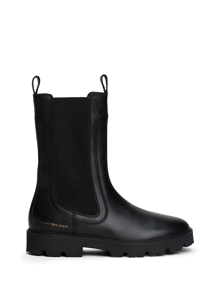 Tommy Hilfiger Black Leather Cleat Mid Chelsea Boots - Image 1 of 6 Tommy Hilfiger Black Leather Cleat Mid Chelsea Boots - Image 1 of 6