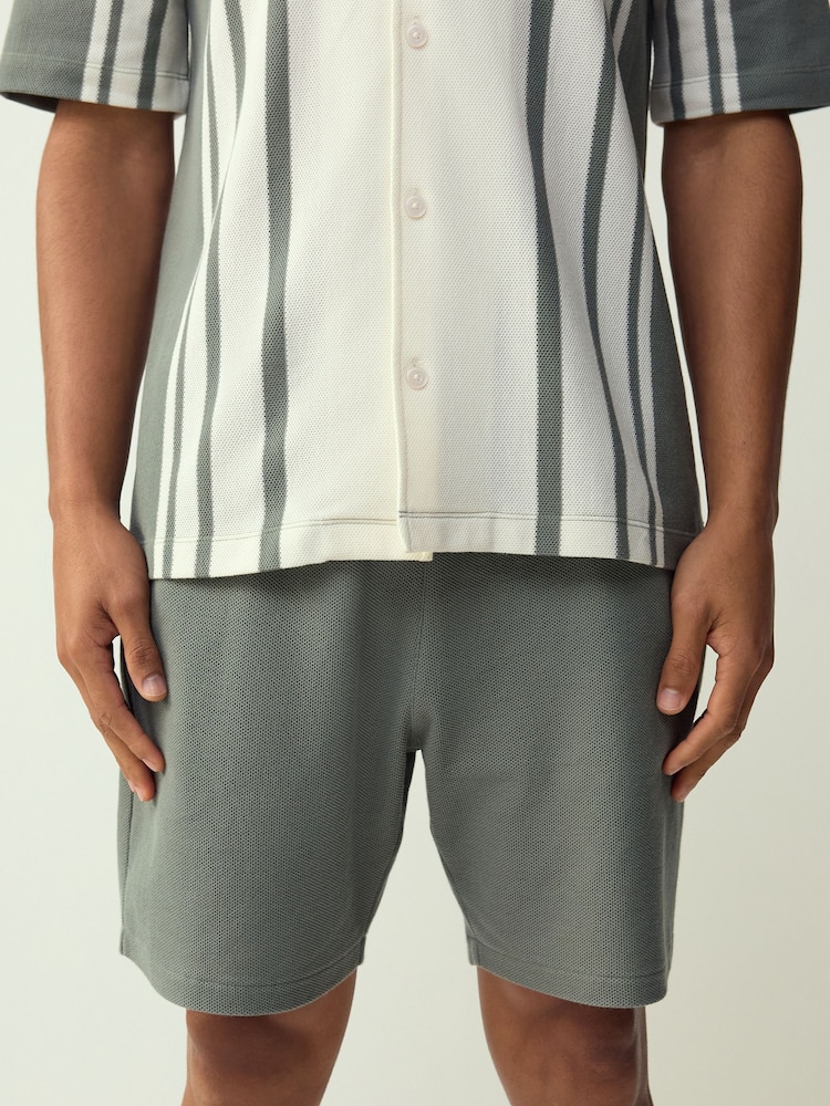 Sage Green Textured Elasticated Waist Cotton Shorts - Image 1 of 5