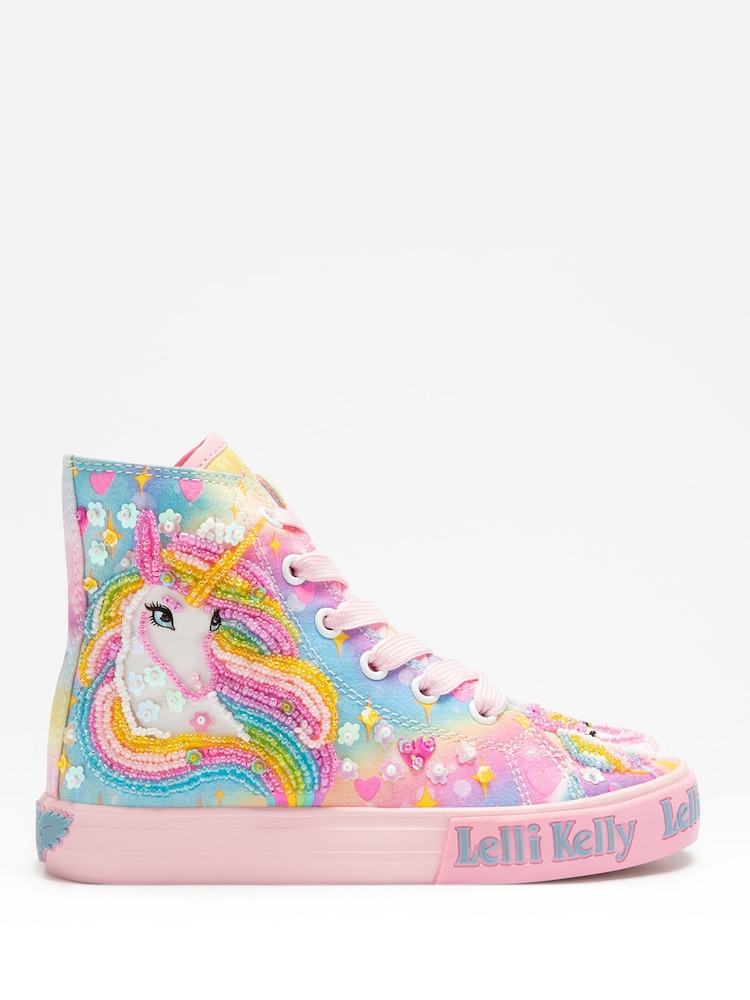 Lelli Kelly Pink Unicorn Rainbow High Top Trainers - Image 1 of 1 Lelli Kelly Pink Unicorn Rainbow High Top Trainers - Image 1 of 1