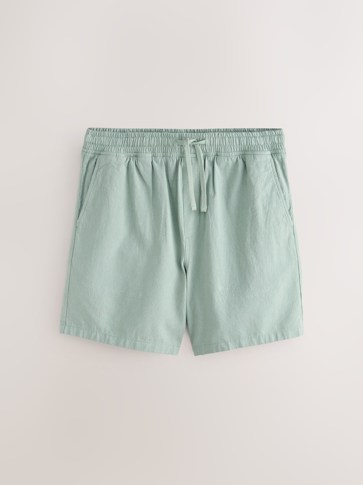 Sage Green Textured Cotton Linen Blend Drawstring Shorts - Image 1 of 3