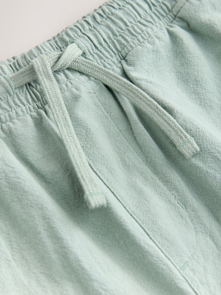 Sage Green Textured Cotton Linen Blend Drawstring Shorts - Image 2 of 3