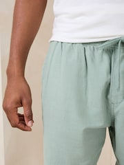 Sage Green Textured Cotton Linen Blend Drawstring Shorts - Image 4 of 8