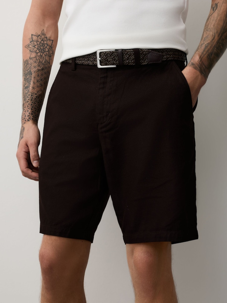 Brown Belted Cotton Linen Blend Shorts - Image 1 of 11