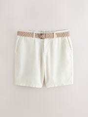 Ecru White Belted Cotton Linen Blend Shorts - Image 5 of 8
