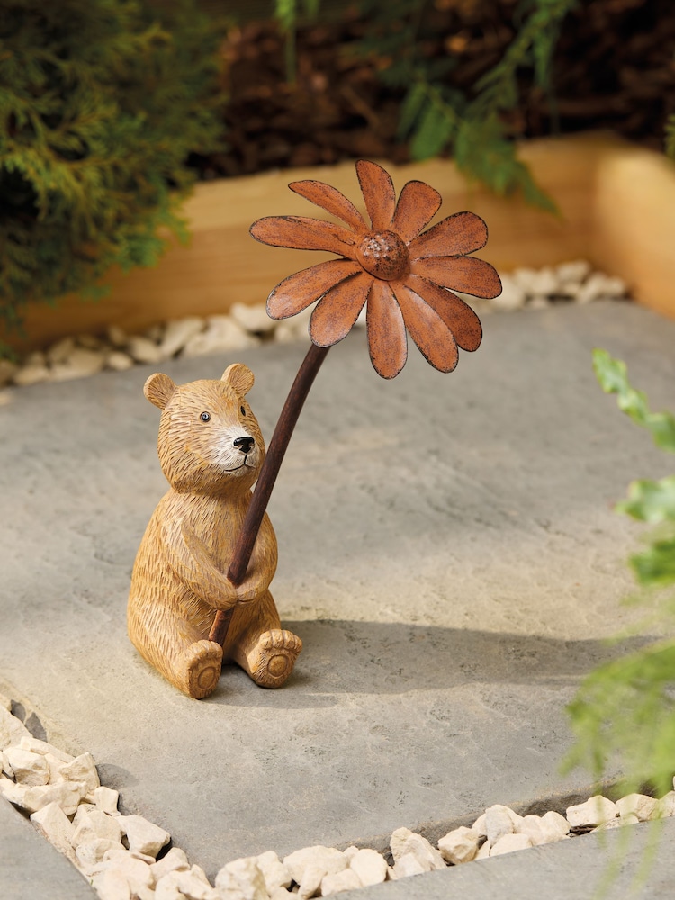 Natural Bertie Bear With Flower Outdoor Solar Light - Image 1 of 6