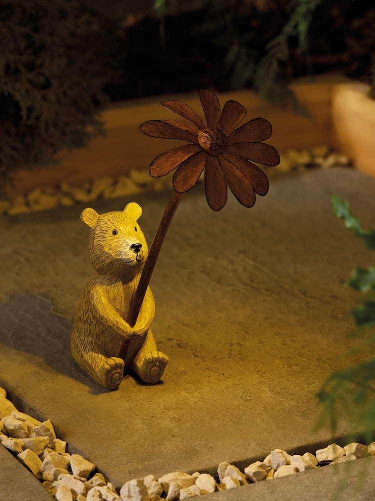 Natural Bertie Bear With Flower Outdoor Solar Light - Image 2 of 6