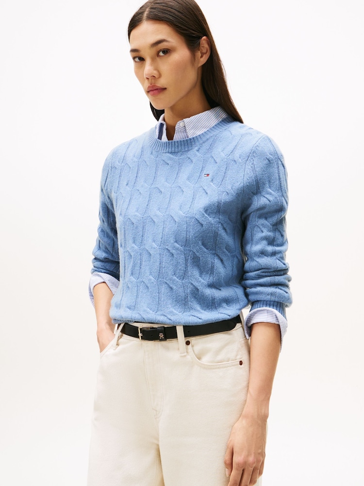 Tommy Hilfiger Blue Cable Knit Soft Wool Jumper - Image 1 of 5 Tommy Hilfiger Blue Cable Knit Soft Wool Jumper - Image 1 of 5