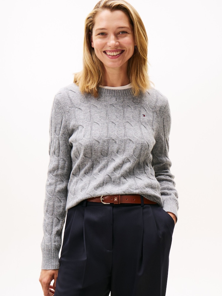 Tommy Hilfiger Grey Cable Knit Soft Wool Jumper - Image 1 of 5 Tommy Hilfiger Grey Cable Knit Soft Wool Jumper - Image 1 of 5