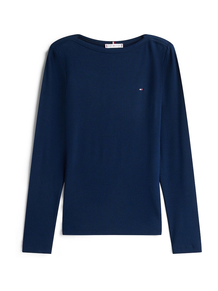 Tommy Hilfiger Blue Ribbed Slim Boat Neck T-Shirt - Image 5 of 5
