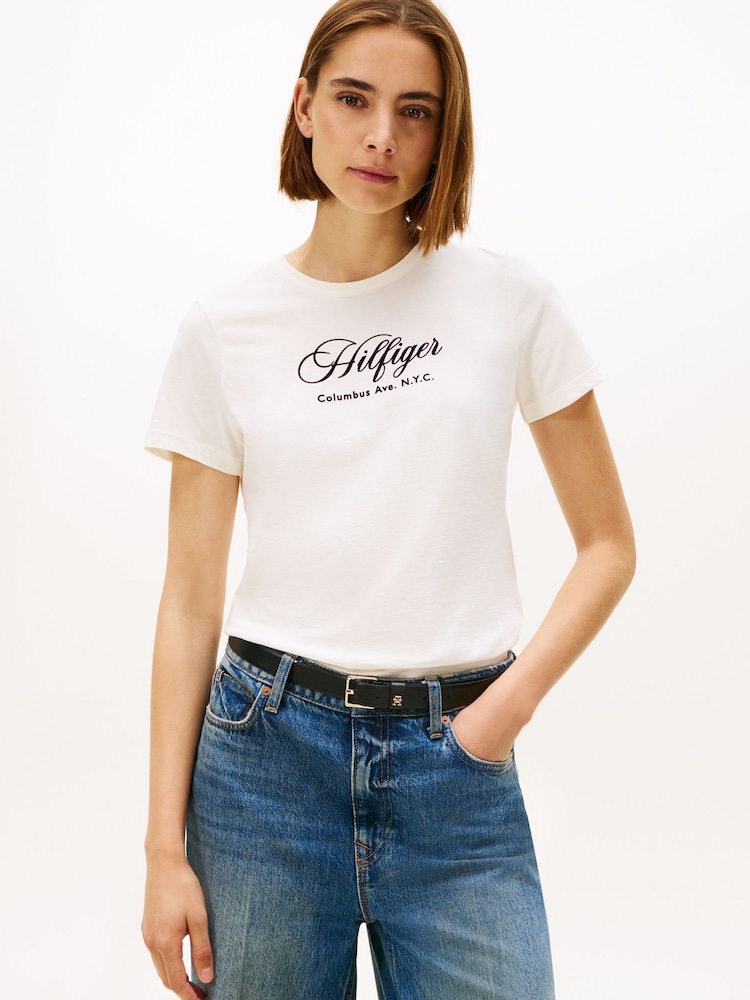 Tommy Hilfiger White Logo Embroidery Crew Neck T-Shirt - Image 1 of 5