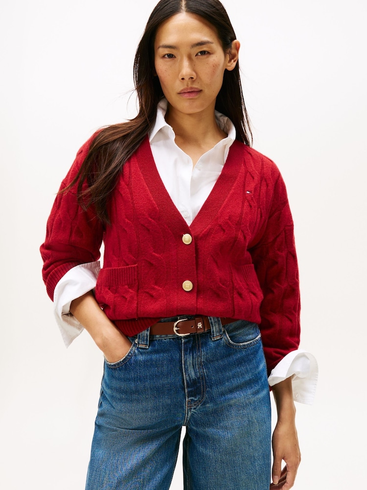 Tommy Hilfiger Red Cable V-Neck Oversized Soft Wool Cardigan - Image 1 of 5 Tommy Hilfiger Red Cable V-Neck Oversized Soft Wool Cardigan - Image 1 of 5