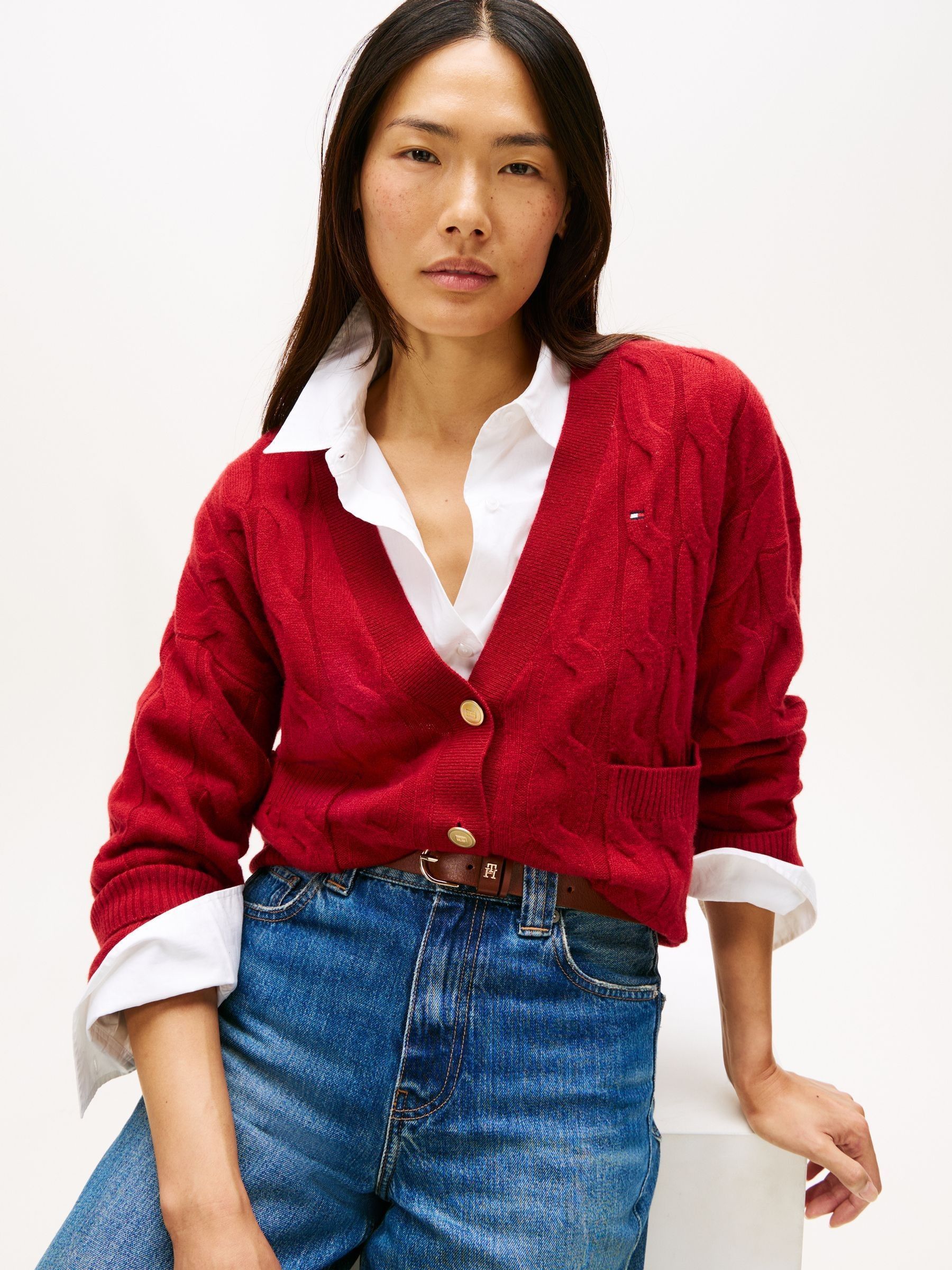 Buy Tommy Hilfiger Red Cable V-Neck Oversized Soft Wool Cardigan