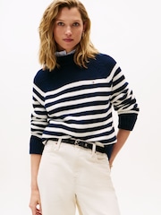 Tommy Hilfiger Blue Stripe Mock Neck Relaxed Jumper - Image 1 of 5