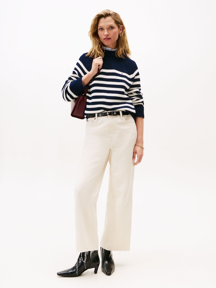 Tommy Hilfiger Blue Stripe Mock Neck Relaxed Jumper - Image 2 of 5 Tommy Hilfiger Blue Stripe Mock Neck Relaxed Jumper - Image 2 of 5