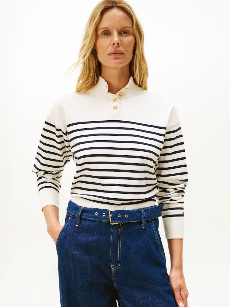 Tommy Hilfiger Cream Stripe Gold-Tone Button Mock Neck Jumper - Image 1 of 5 Tommy Hilfiger Cream Stripe Gold-Tone Button Mock Neck Jumper - Image 1 of 5
