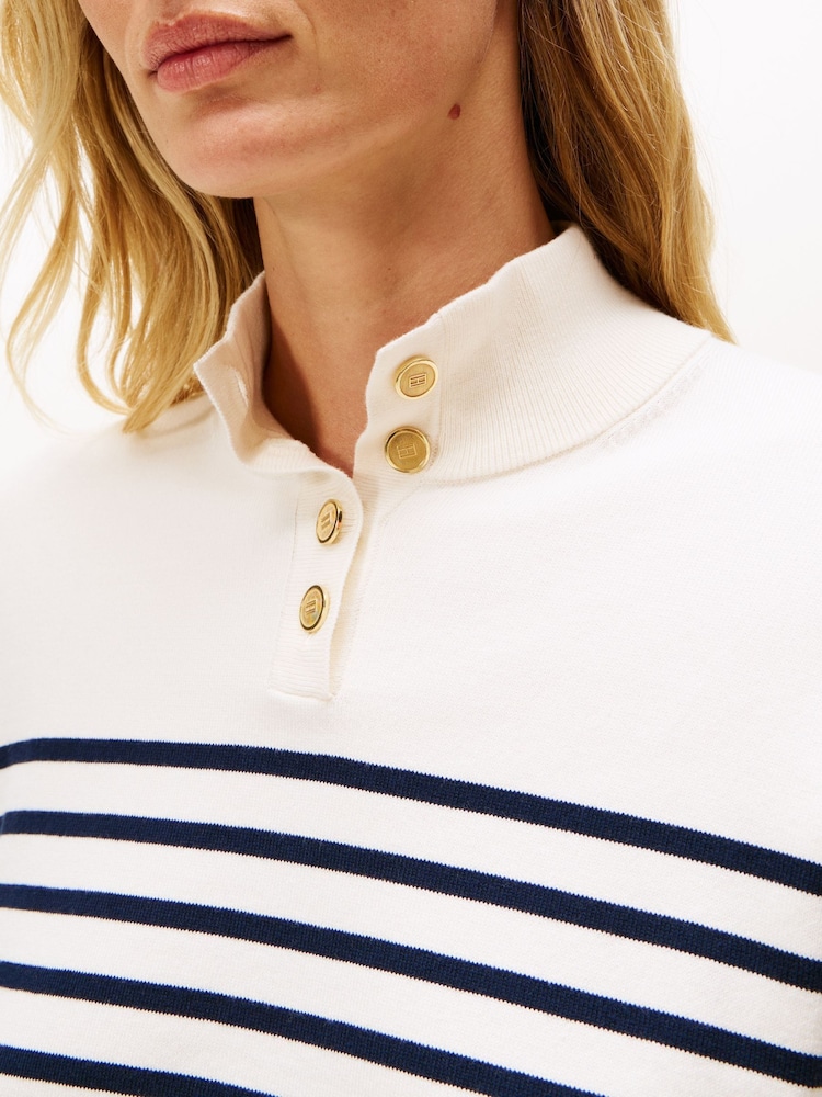 Tommy Hilfiger Cream Stripe Gold-Tone Button Mock Neck Jumper - Image 2 of 5 Tommy Hilfiger Cream Stripe Gold-Tone Button Mock Neck Jumper - Image 2 of 5