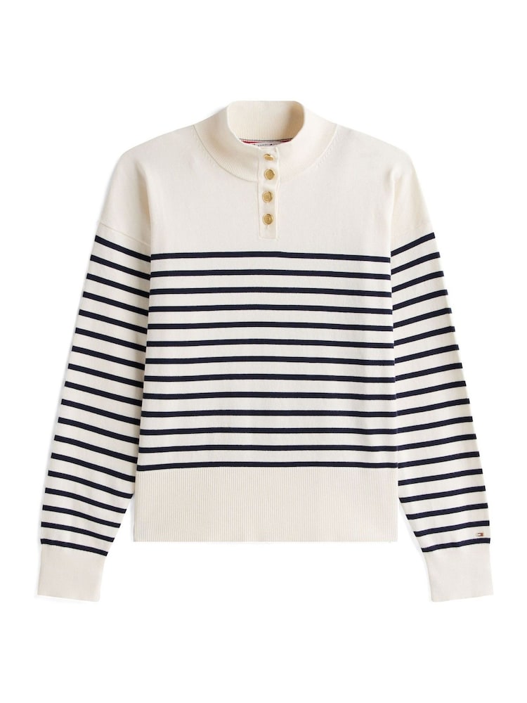 Tommy Hilfiger Cream Stripe Gold-Tone Button Mock Neck Jumper - Image 5 of 5 Tommy Hilfiger Cream Stripe Gold-Tone Button Mock Neck Jumper - Image 5 of 5