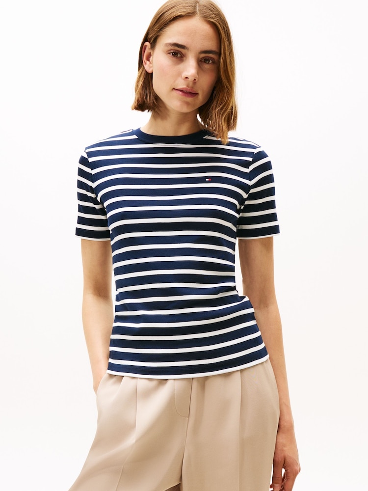 Tommy Hilfiger Blue Crew Neck Slim Fit T-Shirt - Image 1 of 6 Tommy Hilfiger Blue Crew Neck Slim Fit T-Shirt - Image 1 of 6