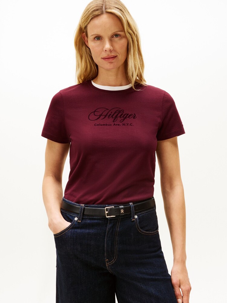 Tommy Hilfiger Red Logo Embroidery Crew Neck T-Shirt - Image 1 of 5 Tommy Hilfiger Red Logo Embroidery Crew Neck T-Shirt - Image 1 of 5