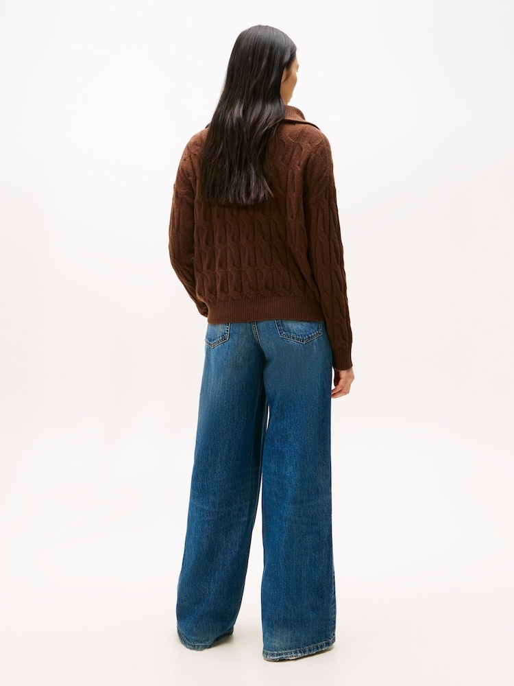 Tommy Hilfiger Brown Half-Zip Cable Knit Soft Wool Jumper - Image 2 of 5