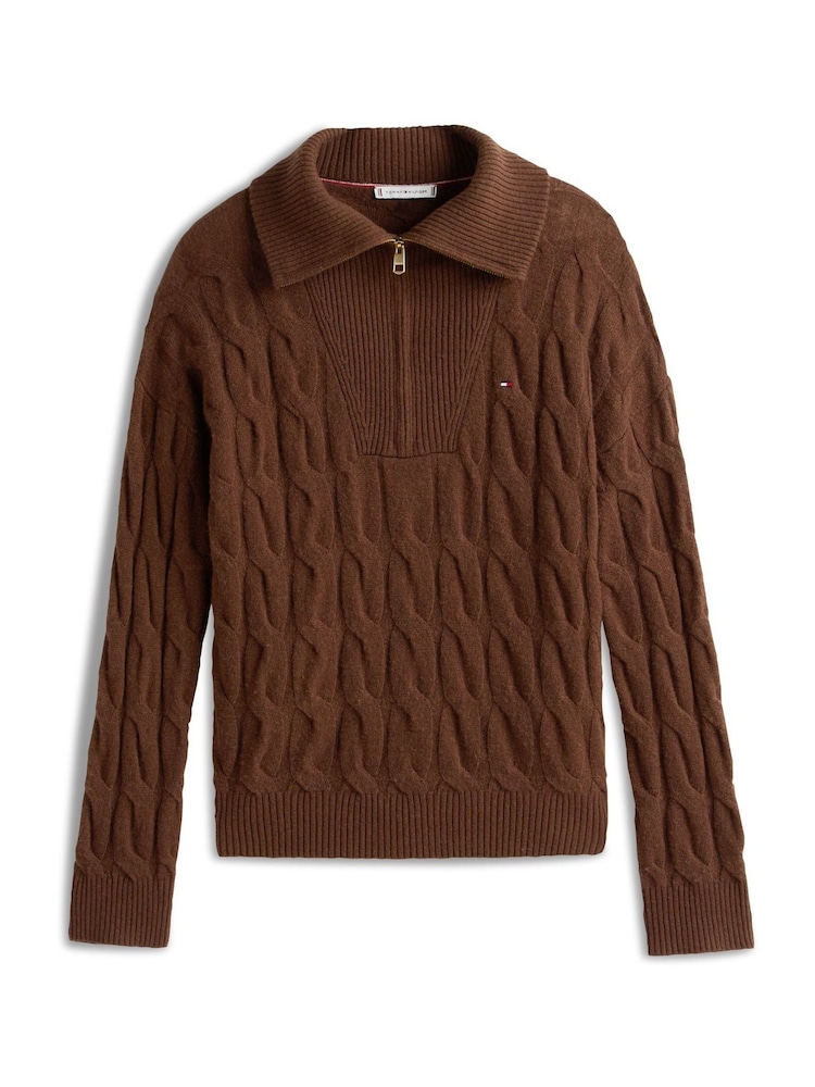 Tommy Hilfiger Brown Half-Zip Cable Knit Soft Wool Jumper - Image 5 of 5 Tommy Hilfiger Brown Half-Zip Cable Knit Soft Wool Jumper - Image 5 of 5