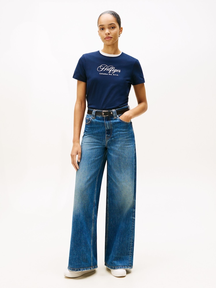 Tommy Hilfiger Blue Logo Embroidery Crew Neck T-Shirt - Image 2 of 5