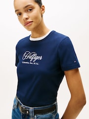Tommy Hilfiger Blue Logo Embroidery Crew Neck T-Shirt - Image 4 of 5