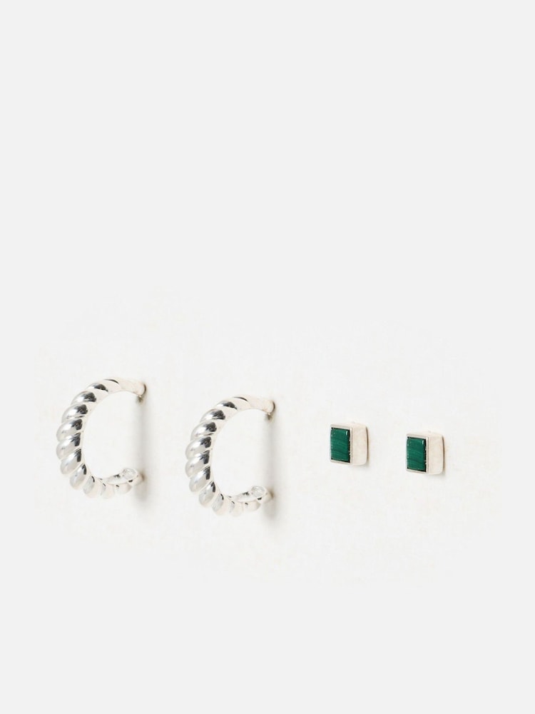 Oliver Bonas Silver Tone Hazel Malachite Stud and Twisted Hoop Earrings Set - Image 1 of 5 Oliver Bonas Silver Tone Hazel Malachite Stud and Twisted Hoop Earrings Set - Image 1 of 5
