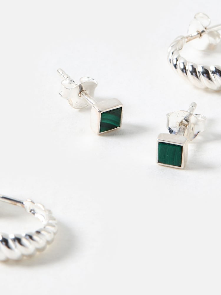 Oliver Bonas Silver Tone Hazel Malachite Stud and Twisted Hoop Earrings Set - Image 5 of 5 Oliver Bonas Silver Tone Hazel Malachite Stud and Twisted Hoop Earrings Set - Image 5 of 5