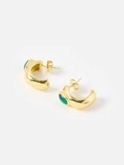 Oliver Bonas Green Gloria Gold Plated Green Onyx Chunky Hoop Earrings - Image 2 of 4