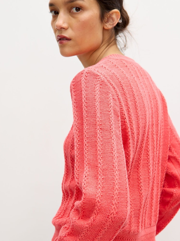 Oliver Bonas Pink Sparkle Crew Neck Knitted Cardigan - Image 2 of 8 Oliver Bonas Pink Sparkle Crew Neck Knitted Cardigan - Image 2 of 8