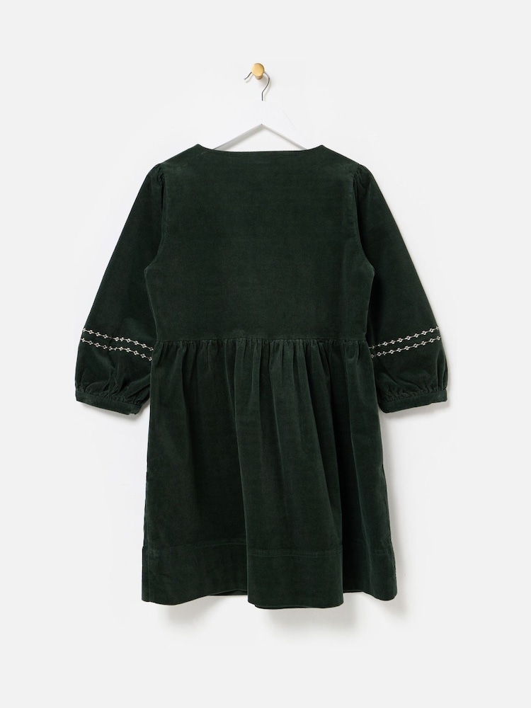 Oliver Bonas Green Corduroy Embroidered Sleeve V-Neck Mini Dress - Image 2 of 5