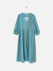 Oliver Bonas Blue Checked V-Neck Midi Dress - Image 1 of 5
