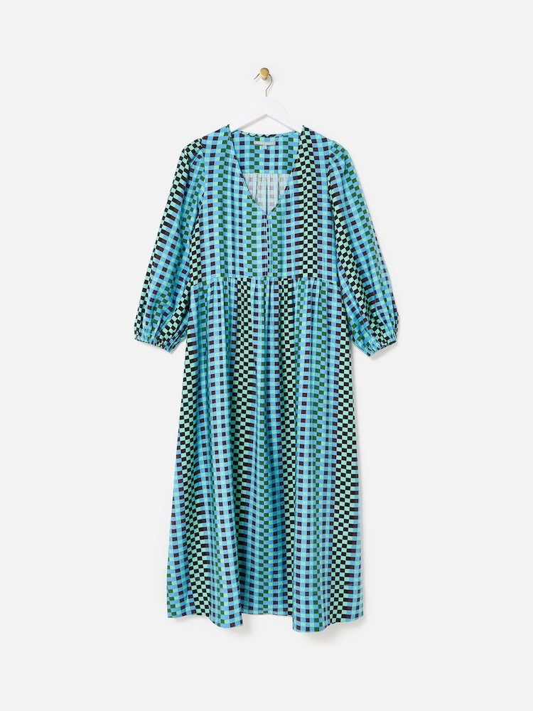 Oliver Bonas Blue Checked V-Neck Midi Dress - Image 1 of 5 Oliver Bonas Blue Checked V-Neck Midi Dress - Image 1 of 5