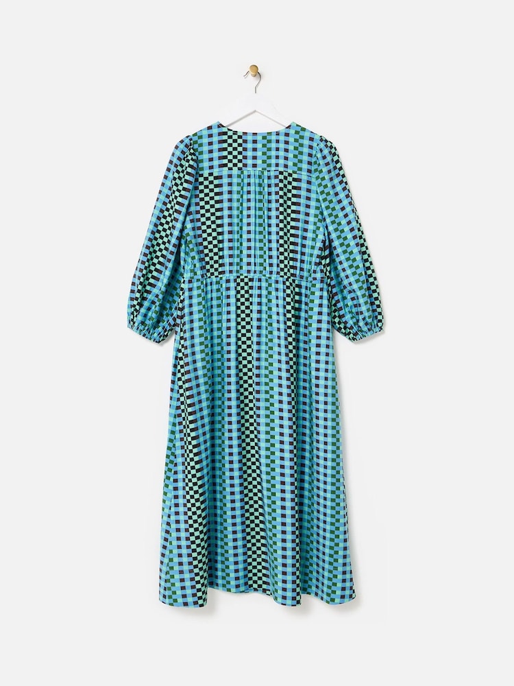 Oliver Bonas Blue Checked V-Neck Midi Dress - Image 2 of 5