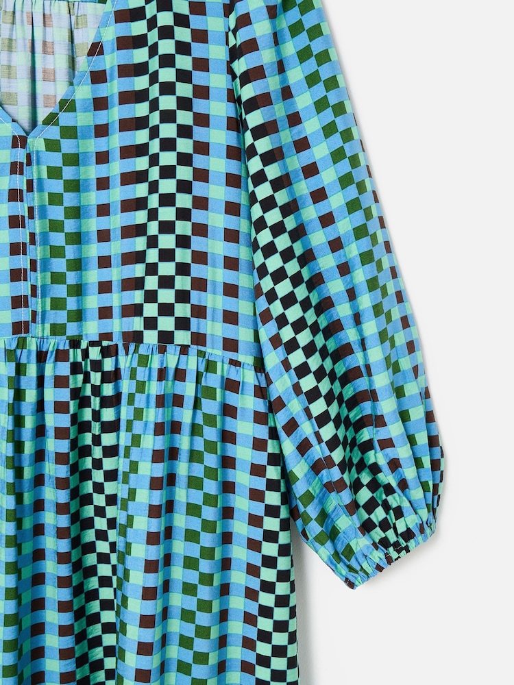 Oliver Bonas Blue Checked V-Neck Midi Dress - Image 5 of 5 Oliver Bonas Blue Checked V-Neck Midi Dress - Image 5 of 5